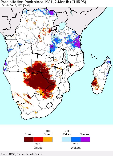 Southern Africa Precipitation Rank since 1981, 2-Month (CHIRPS) Thematic Map For 10/6/2023 - 12/5/2023