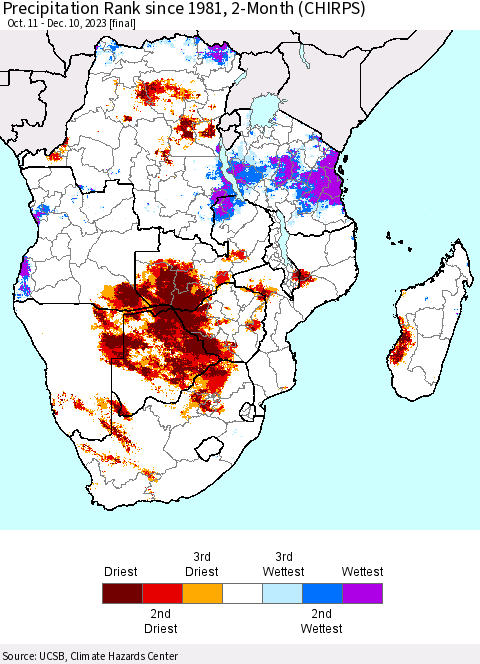 Southern Africa Precipitation Rank since 1981, 2-Month (CHIRPS) Thematic Map For 10/11/2023 - 12/10/2023