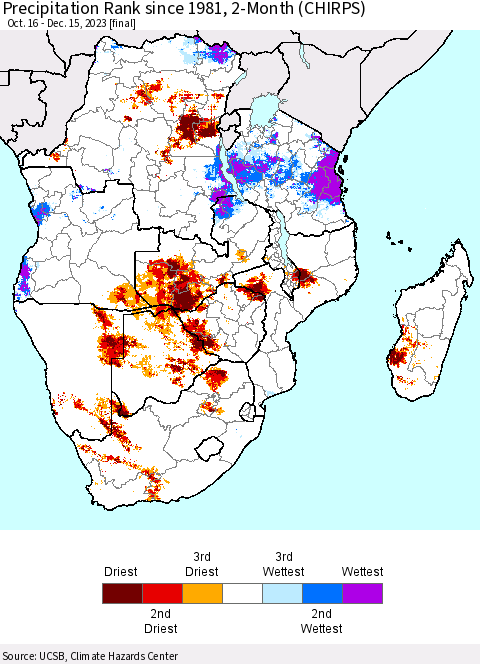 Southern Africa Precipitation Rank since 1981, 2-Month (CHIRPS) Thematic Map For 10/16/2023 - 12/15/2023