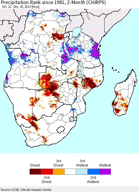 Southern Africa Precipitation Rank since 1981, 2-Month (CHIRPS) Thematic Map For 10/21/2023 - 12/20/2023