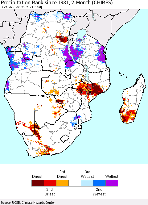Southern Africa Precipitation Rank since 1981, 2-Month (CHIRPS) Thematic Map For 10/26/2023 - 12/25/2023