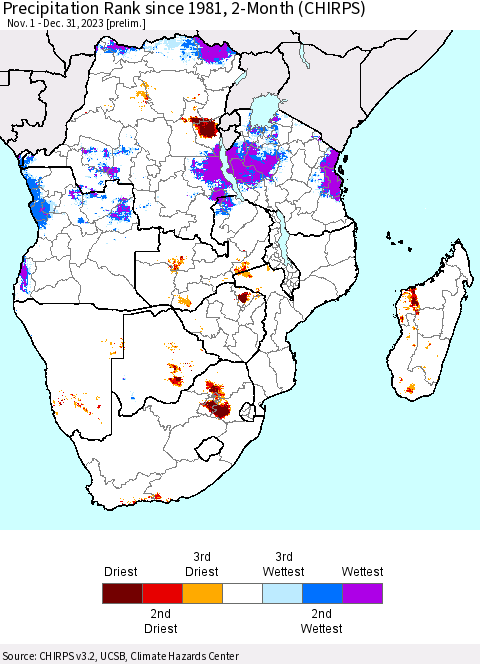 Southern Africa Precipitation Rank since 1981, 2-Month (CHIRPS) Thematic Map For 11/1/2023 - 12/31/2023