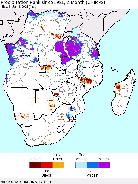 Southern Africa Precipitation Rank since 1981, 2-Month (CHIRPS) Thematic Map For 11/6/2023 - 1/5/2024