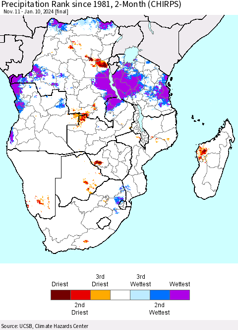 Southern Africa Precipitation Rank since 1981, 2-Month (CHIRPS) Thematic Map For 11/11/2023 - 1/10/2024