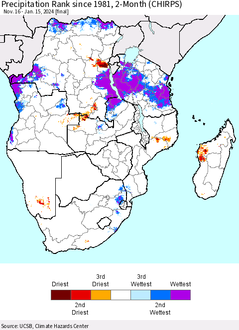 Southern Africa Precipitation Rank since 1981, 2-Month (CHIRPS) Thematic Map For 11/16/2023 - 1/15/2024