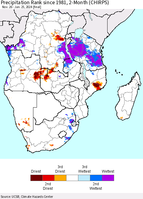 Southern Africa Precipitation Rank since 1981, 2-Month (CHIRPS) Thematic Map For 11/26/2023 - 1/25/2024