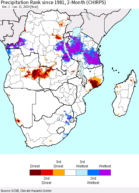 Southern Africa Precipitation Rank since 1981, 2-Month (CHIRPS) Thematic Map For 12/1/2023 - 1/31/2024