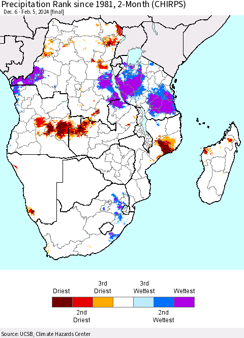 Southern Africa Precipitation Rank since 1981, 2-Month (CHIRPS) Thematic Map For 12/6/2023 - 2/5/2024