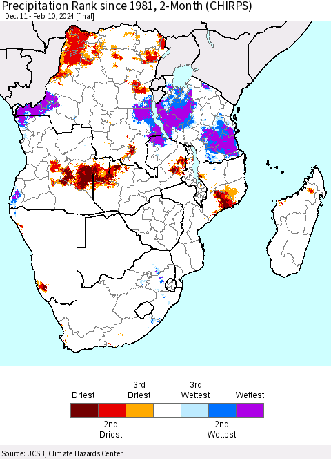 Southern Africa Precipitation Rank since 1981, 2-Month (CHIRPS) Thematic Map For 12/11/2023 - 2/10/2024