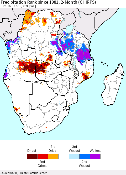 Southern Africa Precipitation Rank since 1981, 2-Month (CHIRPS) Thematic Map For 12/16/2023 - 2/15/2024