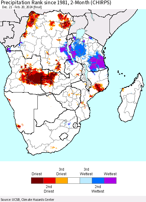 Southern Africa Precipitation Rank since 1981, 2-Month (CHIRPS) Thematic Map For 12/21/2023 - 2/20/2024