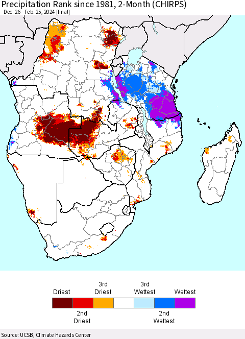 Southern Africa Precipitation Rank since 1981, 2-Month (CHIRPS) Thematic Map For 12/26/2023 - 2/25/2024