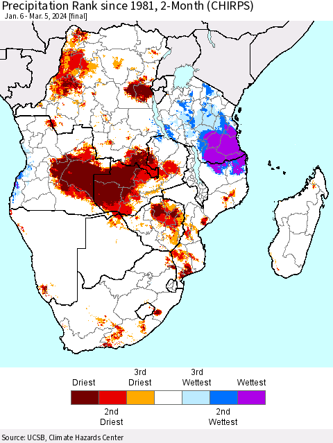 Southern Africa Precipitation Rank since 1981, 2-Month (CHIRPS) Thematic Map For 1/6/2024 - 3/5/2024