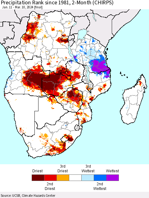 Southern Africa Precipitation Rank since 1981, 2-Month (CHIRPS) Thematic Map For 1/11/2024 - 3/10/2024