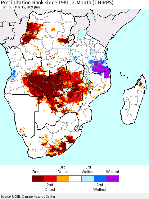 Southern Africa Precipitation Rank since 1981, 2-Month (CHIRPS) Thematic Map For 1/16/2024 - 3/15/2024