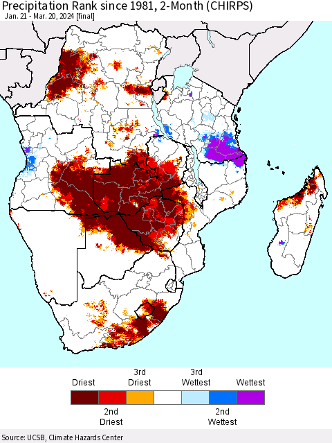 Southern Africa Precipitation Rank since 1981, 2-Month (CHIRPS) Thematic Map For 1/21/2024 - 3/20/2024