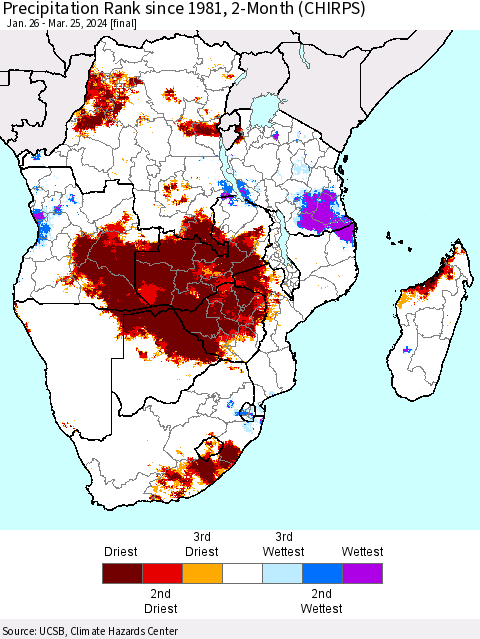 Southern Africa Precipitation Rank since 1981, 2-Month (CHIRPS) Thematic Map For 1/26/2024 - 3/25/2024