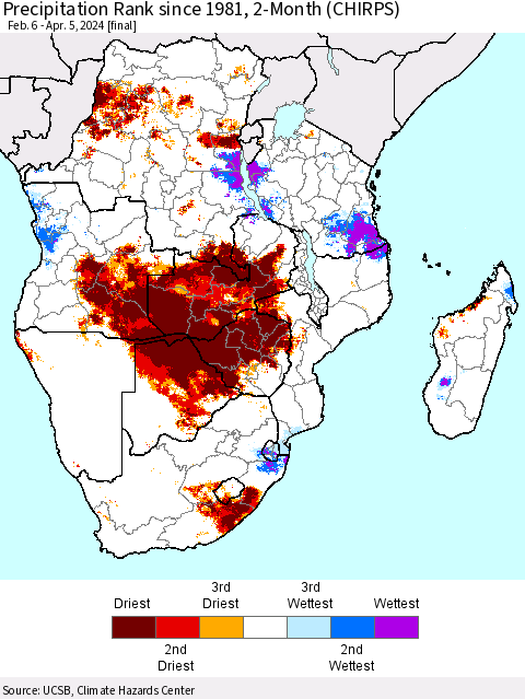 Southern Africa Precipitation Rank since 1981, 2-Month (CHIRPS) Thematic Map For 2/6/2024 - 4/5/2024