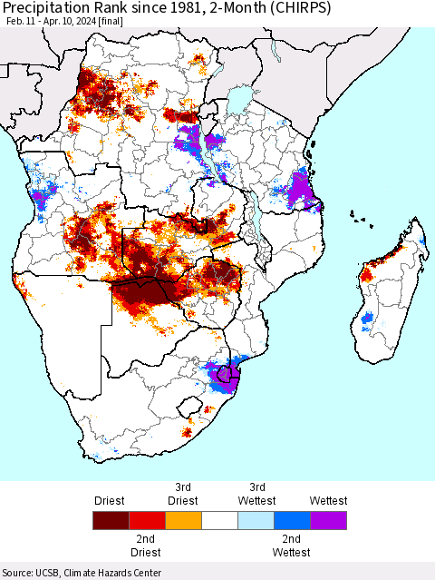 Southern Africa Precipitation Rank since 1981, 2-Month (CHIRPS) Thematic Map For 2/11/2024 - 4/10/2024