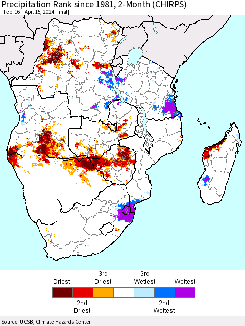 Southern Africa Precipitation Rank since 1981, 2-Month (CHIRPS) Thematic Map For 2/16/2024 - 4/15/2024