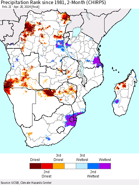 Southern Africa Precipitation Rank since 1981, 2-Month (CHIRPS) Thematic Map For 2/21/2024 - 4/20/2024
