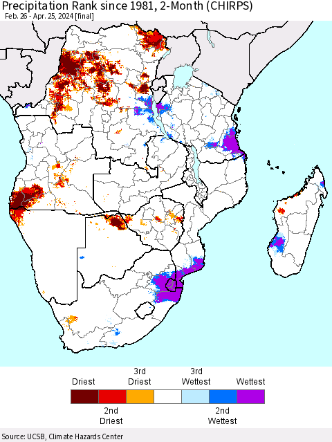 Southern Africa Precipitation Rank since 1981, 2-Month (CHIRPS) Thematic Map For 2/26/2024 - 4/25/2024