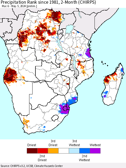 Southern Africa Precipitation Rank since 1981, 2-Month (CHIRPS) Thematic Map For 3/6/2024 - 5/5/2024