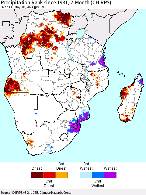 Southern Africa Precipitation Rank since 1981, 2-Month (CHIRPS) Thematic Map For 3/11/2024 - 5/10/2024