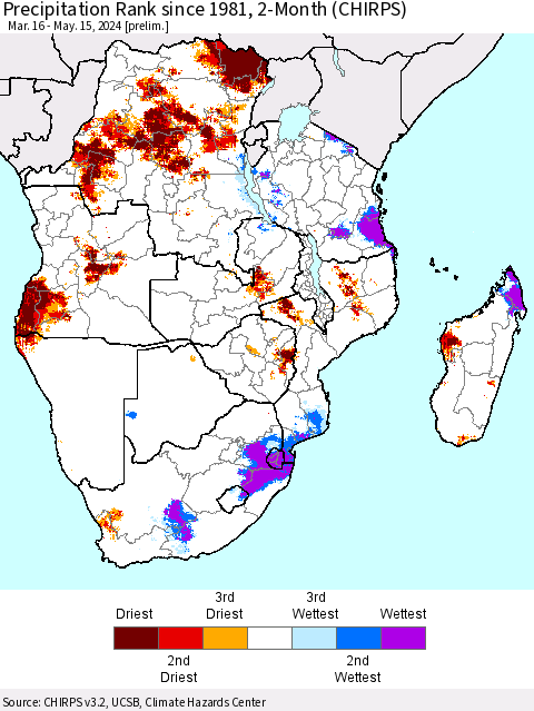 Southern Africa Precipitation Rank since 1981, 2-Month (CHIRPS) Thematic Map For 3/16/2024 - 5/15/2024