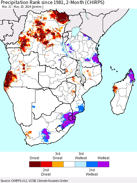 Southern Africa Precipitation Rank since 1981, 2-Month (CHIRPS) Thematic Map For 3/21/2024 - 5/20/2024