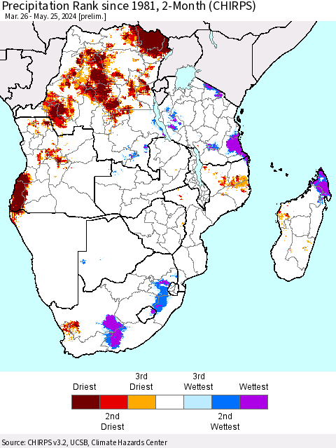 Southern Africa Precipitation Rank since 1981, 2-Month (CHIRPS) Thematic Map For 3/26/2024 - 5/25/2024