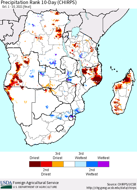 Southern Africa Precipitation Rank since 1981, 10-Day (CHIRPS) Thematic Map For 10/1/2021 - 10/10/2021