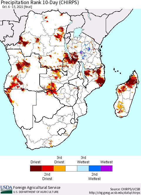 Southern Africa Precipitation Rank since 1981, 10-Day (CHIRPS) Thematic Map For 10/6/2021 - 10/15/2021
