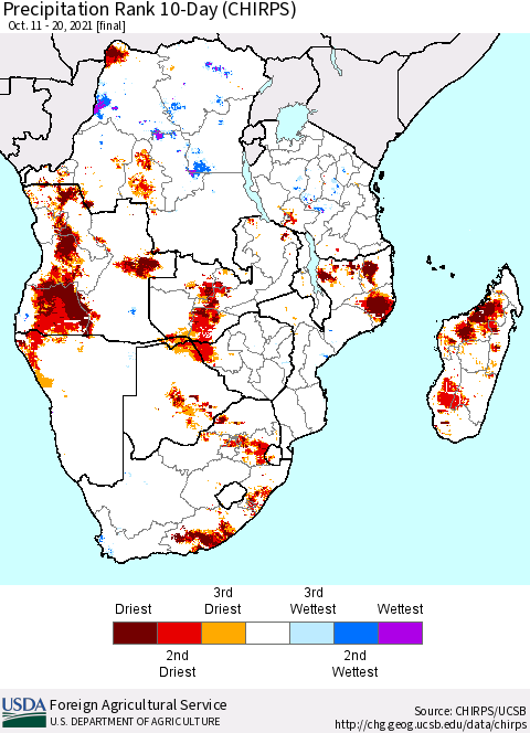 Southern Africa Precipitation Rank since 1981, 10-Day (CHIRPS) Thematic Map For 10/11/2021 - 10/20/2021