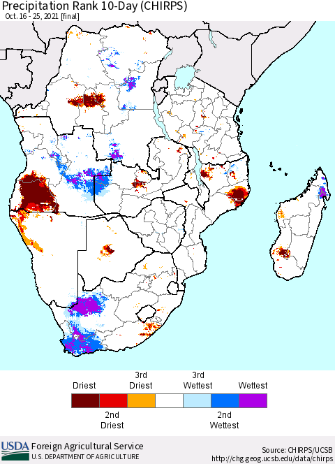 Southern Africa Precipitation Rank since 1981, 10-Day (CHIRPS) Thematic Map For 10/16/2021 - 10/25/2021