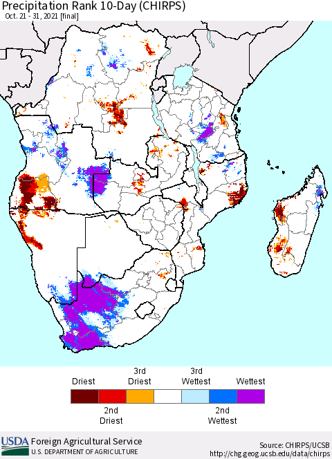 Southern Africa Precipitation Rank since 1981, 10-Day (CHIRPS) Thematic Map For 10/21/2021 - 10/31/2021