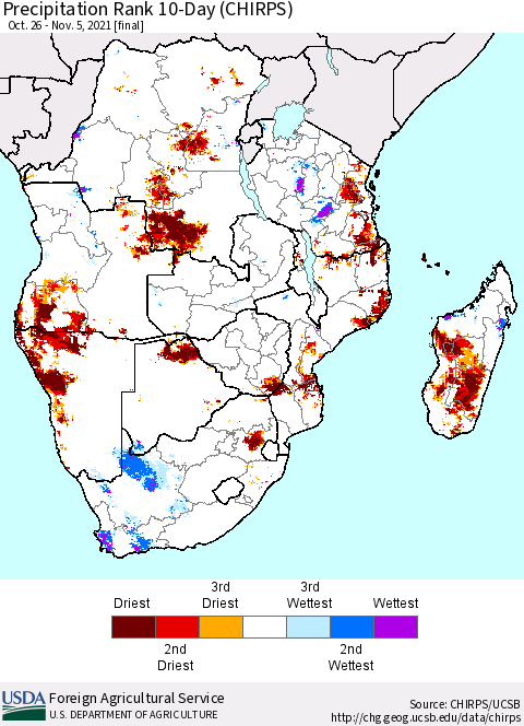 Southern Africa Precipitation Rank since 1981, 10-Day (CHIRPS) Thematic Map For 10/26/2021 - 11/5/2021