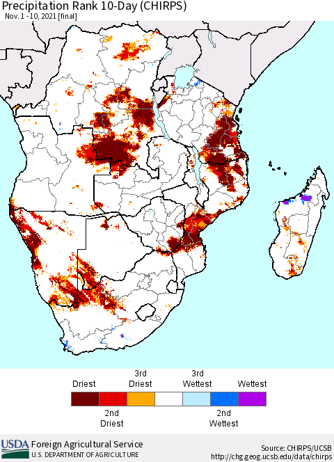 Southern Africa Precipitation Rank since 1981, 10-Day (CHIRPS) Thematic Map For 11/1/2021 - 11/10/2021