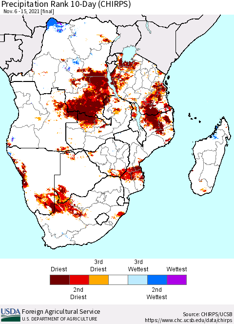 Southern Africa Precipitation Rank since 1981, 10-Day (CHIRPS) Thematic Map For 11/6/2021 - 11/15/2021