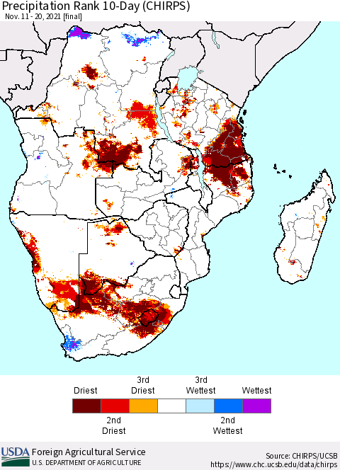 Southern Africa Precipitation Rank since 1981, 10-Day (CHIRPS) Thematic Map For 11/11/2021 - 11/20/2021
