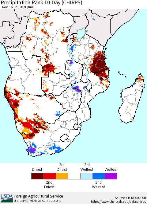 Southern Africa Precipitation Rank since 1981, 10-Day (CHIRPS) Thematic Map For 11/16/2021 - 11/25/2021