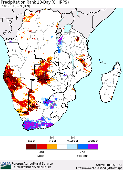 Southern Africa Precipitation Rank since 1981, 10-Day (CHIRPS) Thematic Map For 11/21/2021 - 11/30/2021