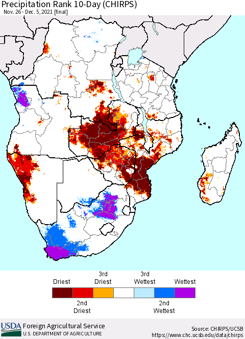 Southern Africa Precipitation Rank since 1981, 10-Day (CHIRPS) Thematic Map For 11/26/2021 - 12/5/2021