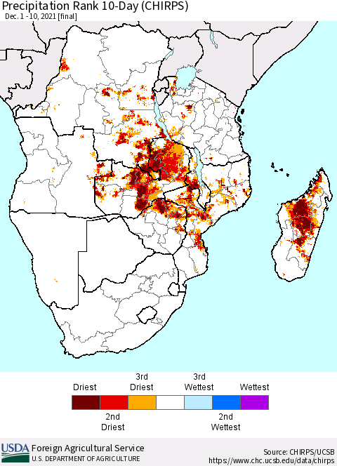 Southern Africa Precipitation Rank since 1981, 10-Day (CHIRPS) Thematic Map For 12/1/2021 - 12/10/2021