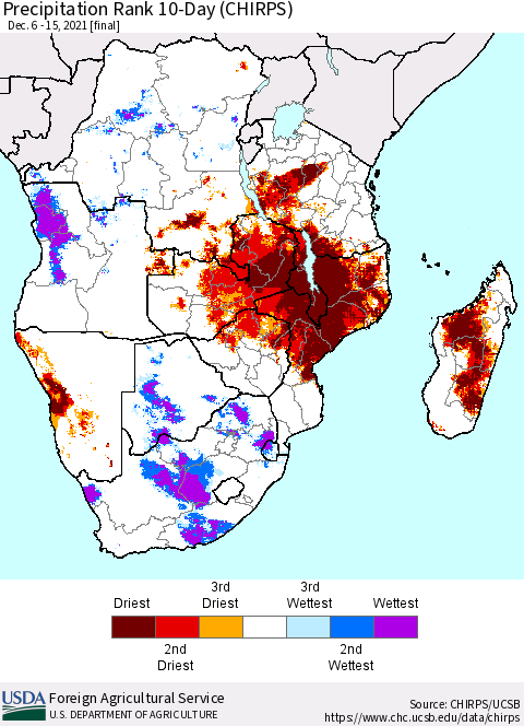 Southern Africa Precipitation Rank since 1981, 10-Day (CHIRPS) Thematic Map For 12/6/2021 - 12/15/2021