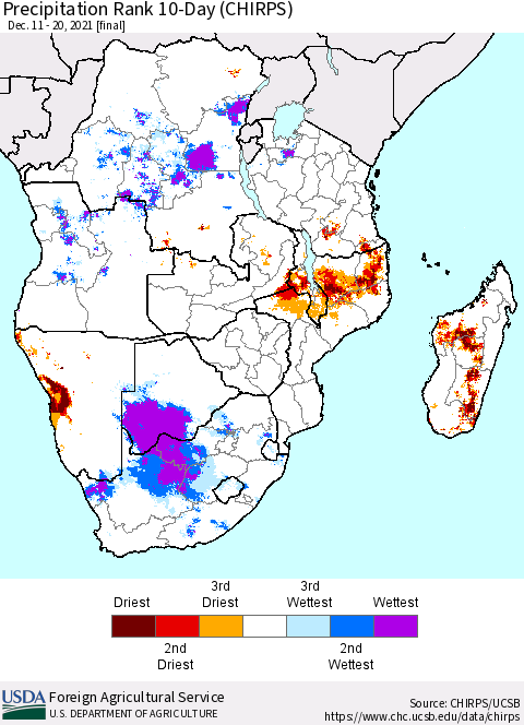 Southern Africa Precipitation Rank since 1981, 10-Day (CHIRPS) Thematic Map For 12/11/2021 - 12/20/2021