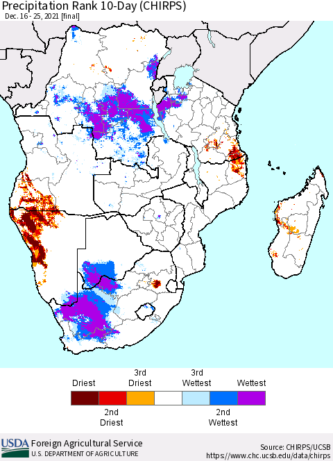 Southern Africa Precipitation Rank since 1981, 10-Day (CHIRPS) Thematic Map For 12/16/2021 - 12/25/2021