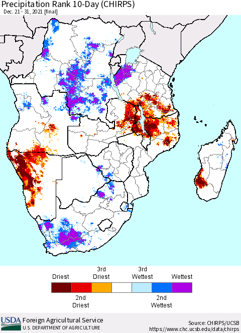 Southern Africa Precipitation Rank since 1981, 10-Day (CHIRPS) Thematic Map For 12/21/2021 - 12/31/2021