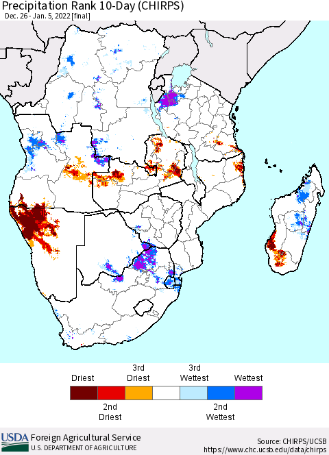 Southern Africa Precipitation Rank since 1981, 10-Day (CHIRPS) Thematic Map For 12/26/2021 - 1/5/2022