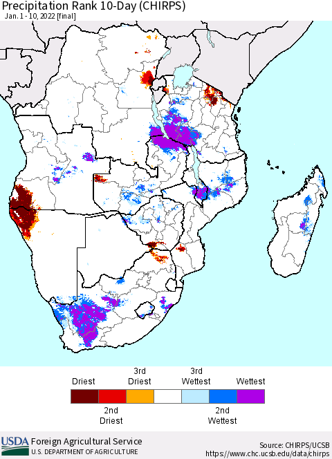 Southern Africa Precipitation Rank since 1981, 10-Day (CHIRPS) Thematic Map For 1/1/2022 - 1/10/2022